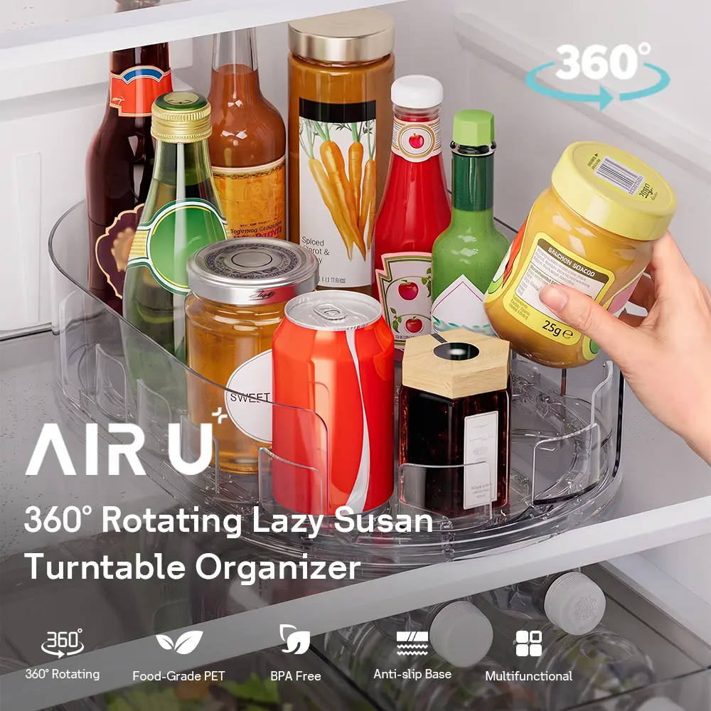 AIR U 360° Rotating Lazy Susan Turntable Organizer, Smooth Spin Easy Reach Keeps Jars and Condiments Always Visible, Organizes Spices Sauces and Bottles Ends the Back-of-Cabinet Black Hole, Fits Fridge Pantry Countertop, Clear 1 Pack