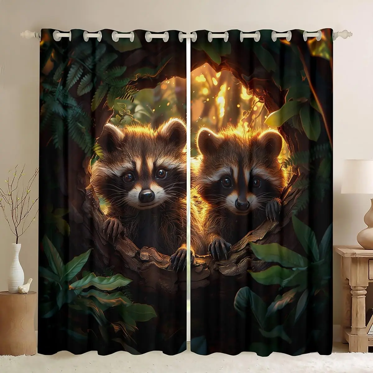 Raccoon Blackout Curtains Cute Animal Raccoon Curtains,Lovely Cartoon Raccoon Print Window Curtains Nature Rustic Farmhouse Themed Bedroom Curtains Kawaii Wild Animal Curtains