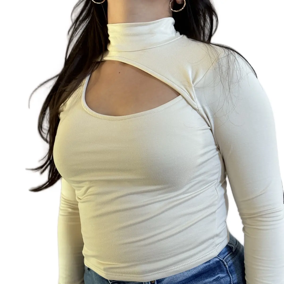 Casual Cream turtle neck & long sleeve Crop Top