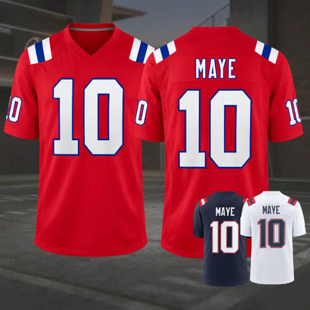 Full Print Red/Black/White Maye #10 Football Jersey, Men's Soft Breathable V Neck Short Sleeve Sport Top, Classic Retro Uniform Vibe, Football Fan Merchandise, Player Number Graphic Design, Awesome Gift for Unisex Fans