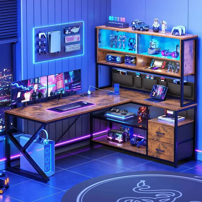 Sikaic L-Shaped Computer Desk with Drawers & Bookshelf, Home Office Gaming Desk with LED Light, Glass Cabinet, Storage Bag & Shelves, Corner Desk, Rustic Brown Multi Functional Desk Summerwins