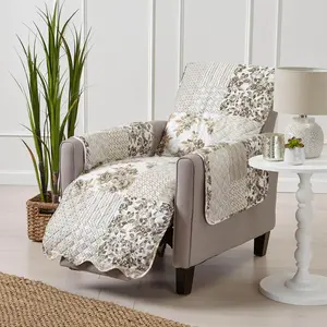 Reversible Patchwork Recliner Cover - Washable Slipcover Furniture Protector with Elastic Straps - Perfect for Kids & Pets - Box-Stitched Detail (Taupe)