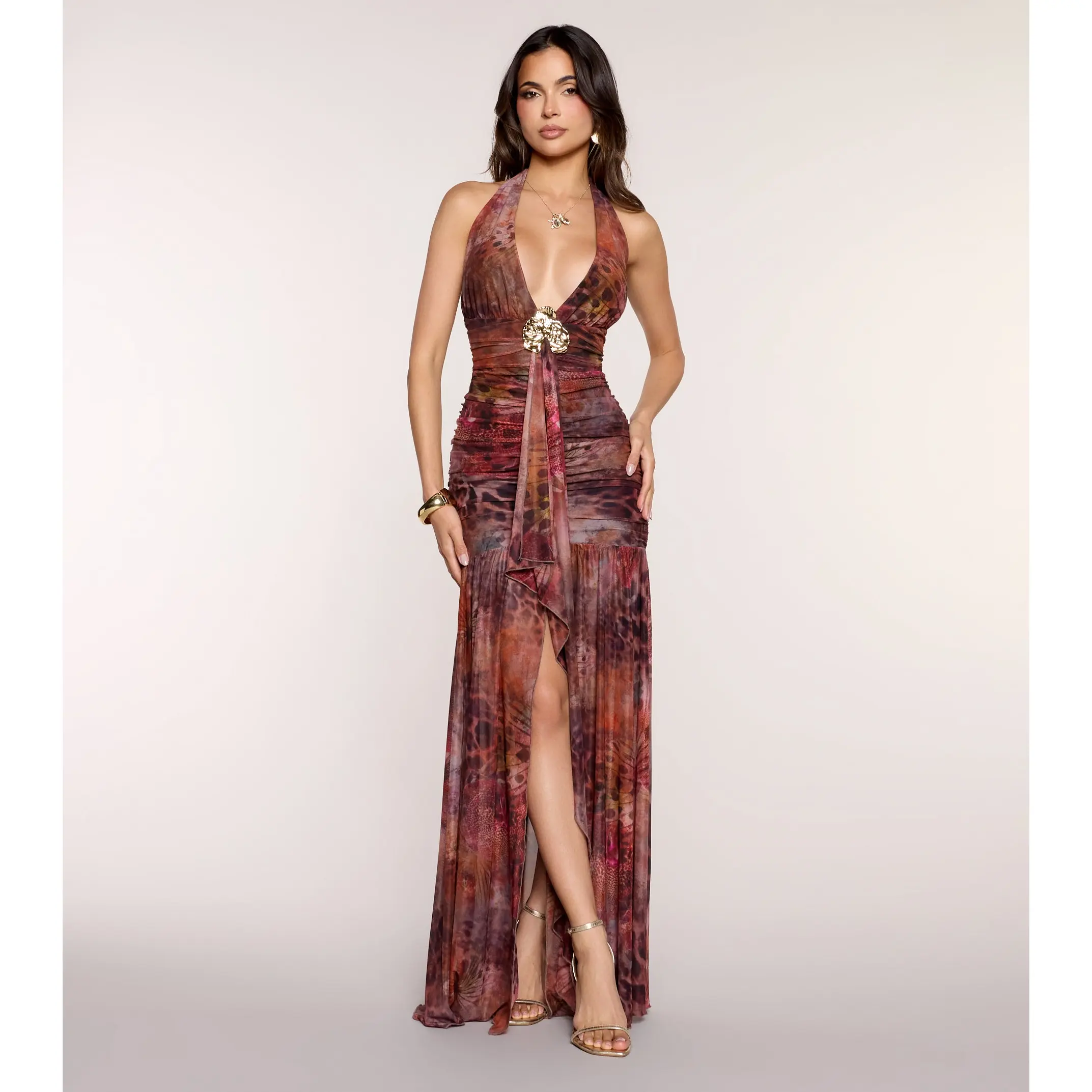 Sorella Print Mesh A-Line Formal Dress