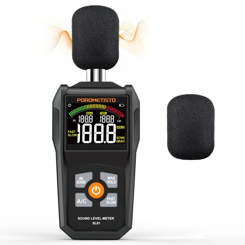 POROMETISTO SL01 Decibel Meter Digital Sound Level Meter with Color Backlit Screen,Portable SPL Meter with A/C Weighted,dB/SONE Unit,Fast/Slow Response,MAX/MIN,Data Hold,Range 30-130dB, Level Meter with Backlit Screen Micro Industrial Hardware Detector, O