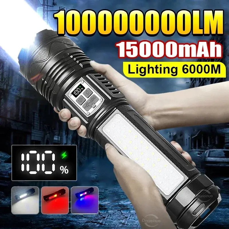 1000000 LM Most Powerful LED Flashlight Rechargeable Type-c Flashlight Long Range 6000M Tactical Torch Light For Fishing Hunting