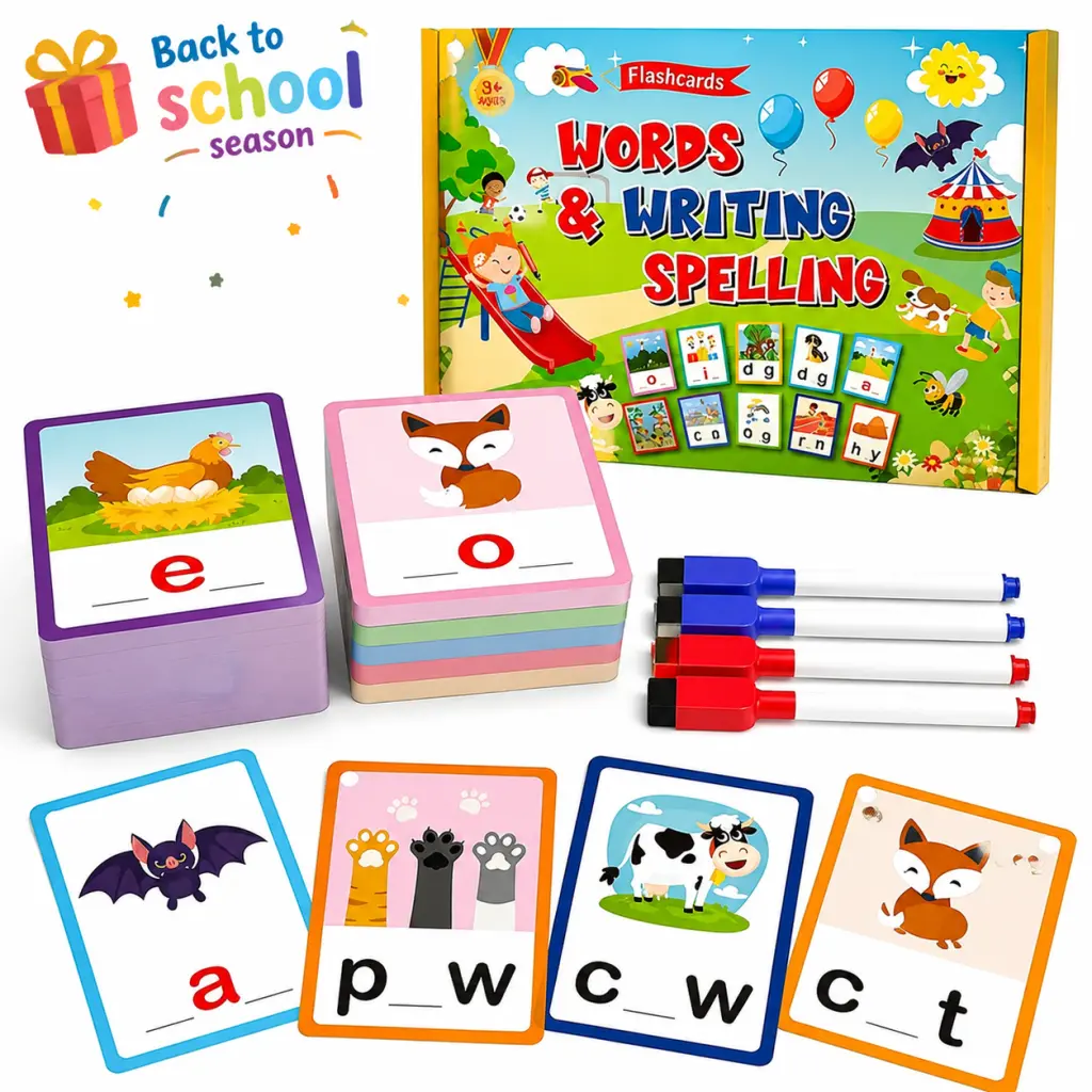 Educational Learning Toys for Toddlers, CVC Words Flash Cards with Reusable Dry Erase Writing Cards and Markers, Preschool Phonics Learning Activity, Reading Spelling Practice Game, Montessori Learning Toy for Kids Ages 3-6