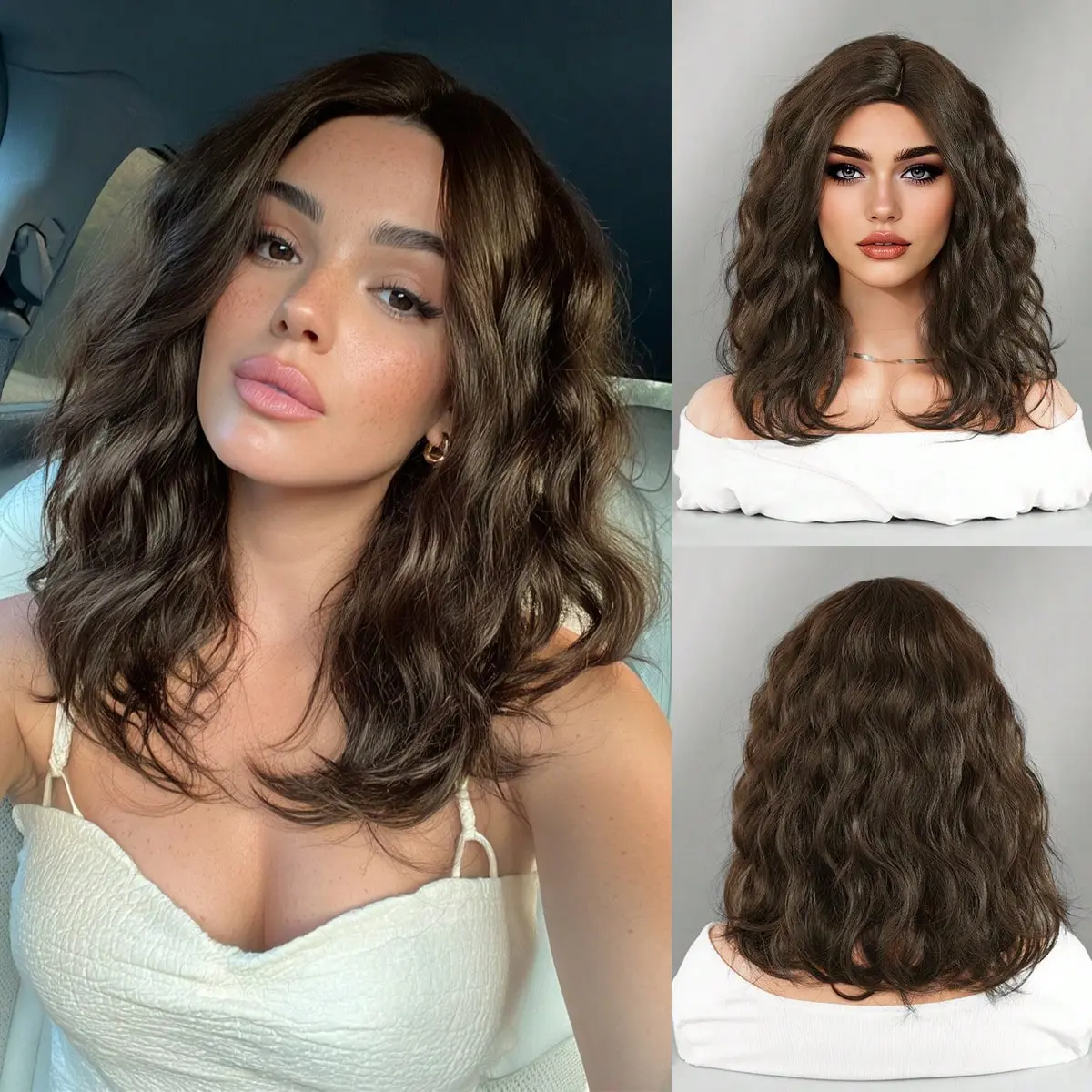 14 Inch Cool Brown Bob Wig, Women Short Curly Middle Part Synthetic Fiber Wigs for Daily Party