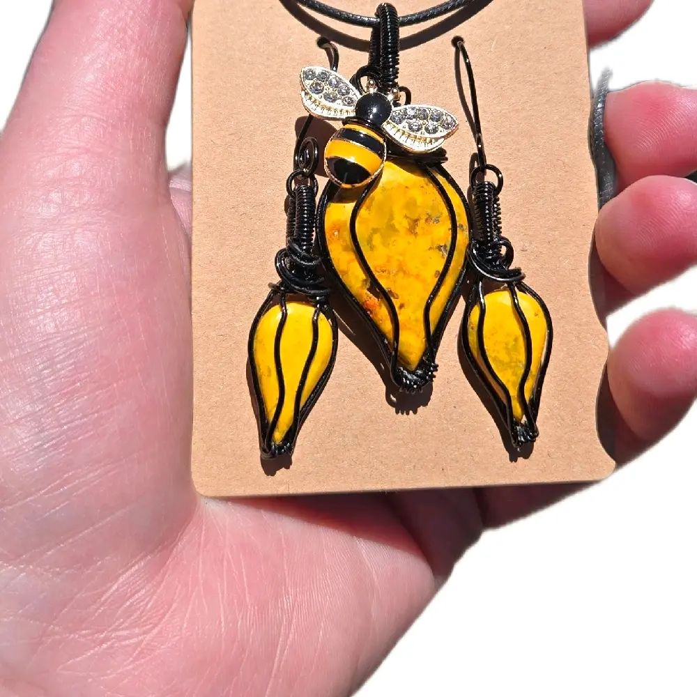 Bumblebee Jasper 2-Piece Jewelry Set, Pendant and Earrings for Daily Wear