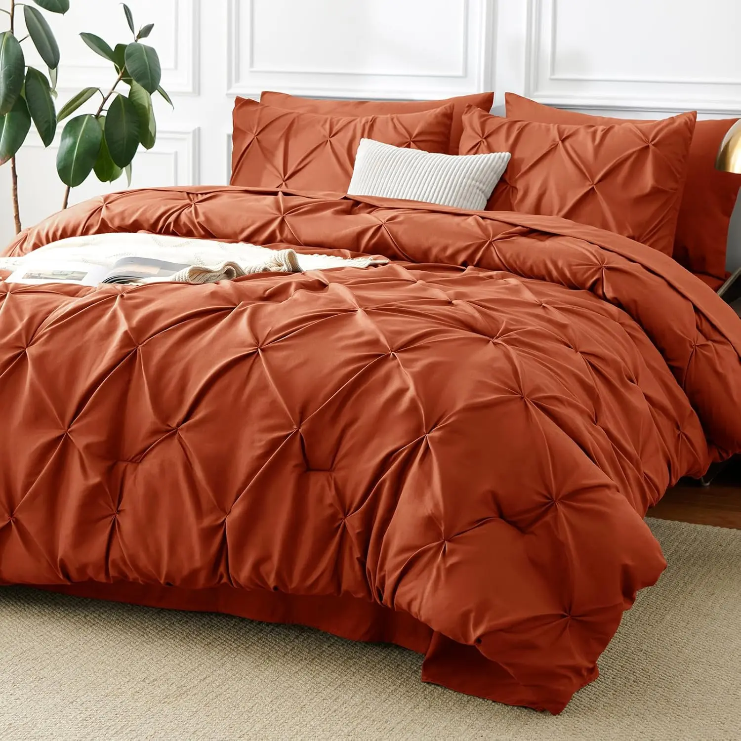 Full Size Comforter Sets Burnt Orange, 7 A Bag Terracotta Comforter Full Size, Pinch Pleat Sets with Comforter, Flat Sheet, Sheet, Pillowcases  Shams