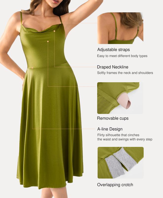 Popilush Satin Cowl Neck Spaghetti Strap Midi Swing Dress - Casual Breathable Elastic Fabric for Everyday Womenswear Feminine Adjustable Mesh
