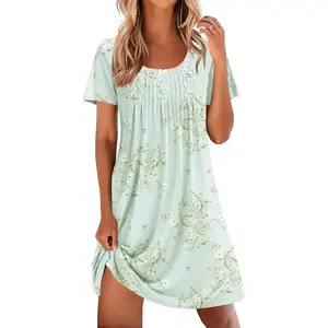 Nightgowns for Women Pleated Sleep Shirts Short Sleeve Night Shirts Lace Trim Night Gown Ladies Sleep Dress Skin-friendly Fabric Super Soft Comfy Lightweight Summer Holiday Style Maternity Nightwear