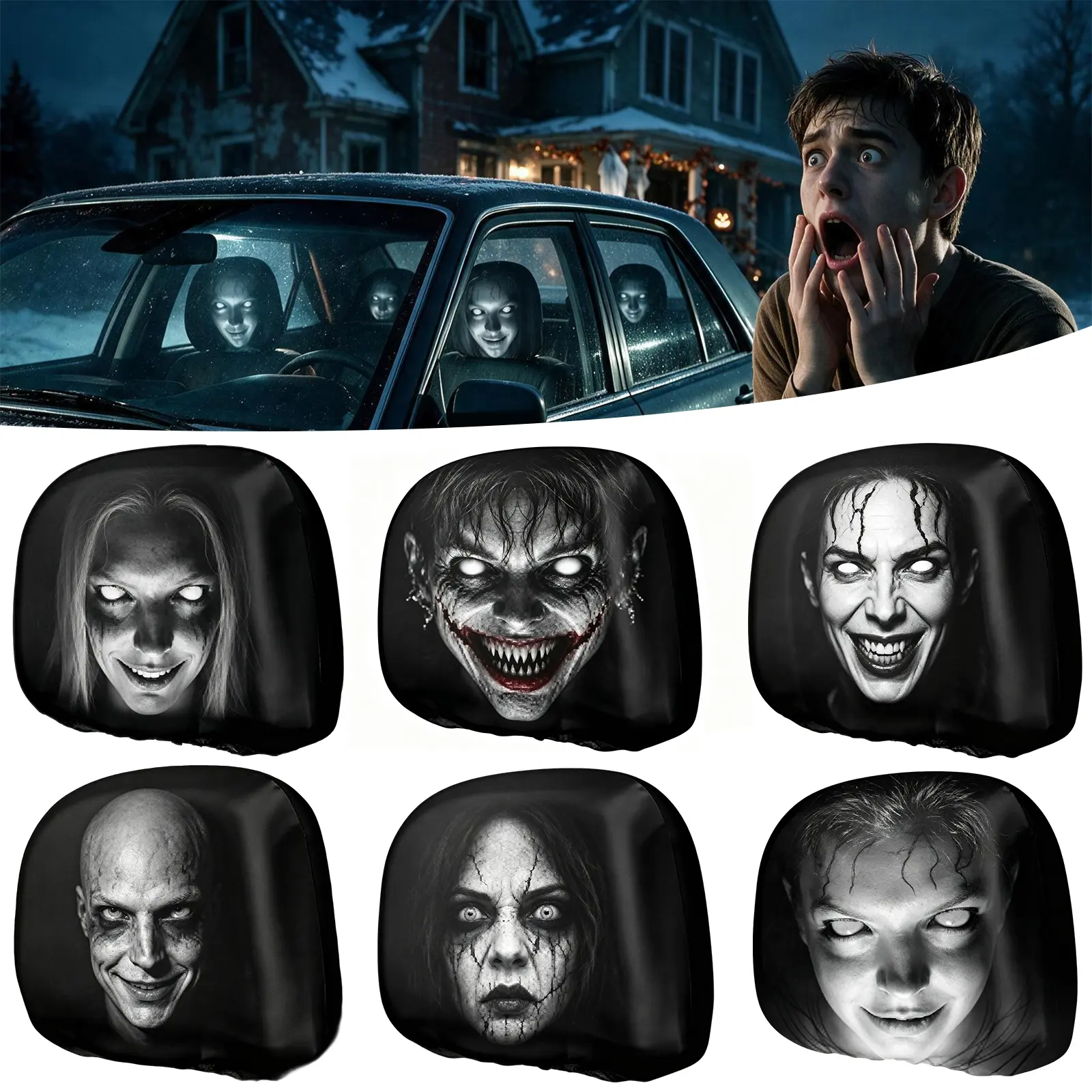 DELUMU 2PCS Halloween Ghost Face Car Headrest Covers, Funny Spooky Seat Covers, Stretchy Universal Fit Car Interior Decor for Halloween Party & Gift