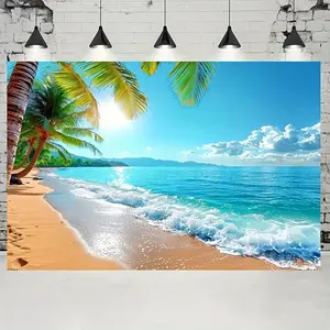 1pc 2D Flat Hawaiian Summer Beach Party Backdrop - Palm Tree & Ocean View Polyester Banner, Perfect for Live Streaming, Vacation Celebrations, and Photo Booths, cm or cm, No Power Needed