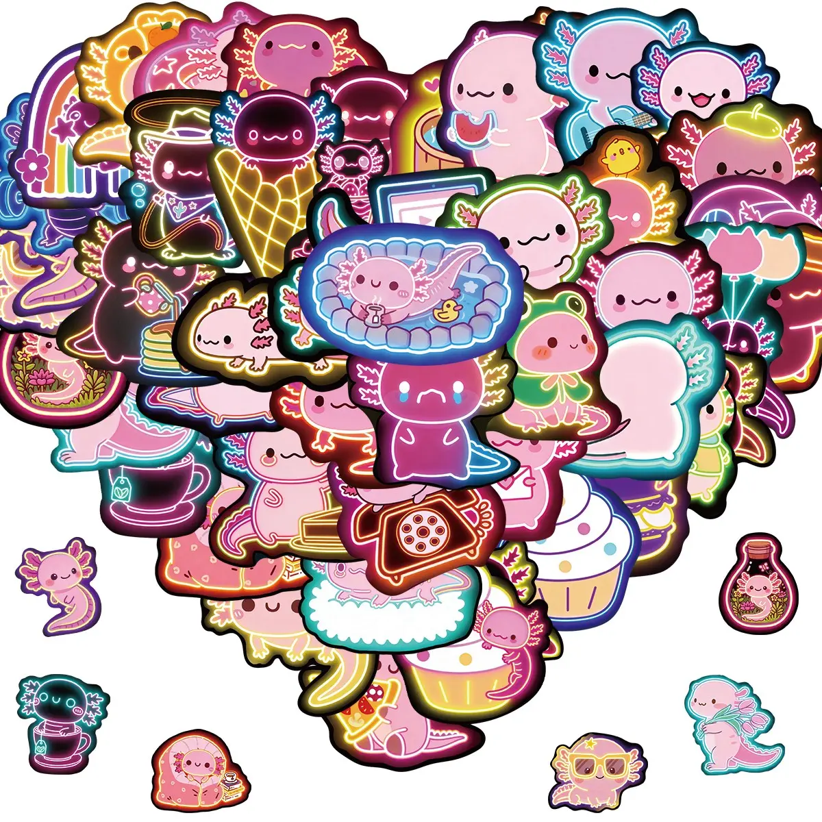Axolotl Stickers, 50 Pcs Cute Axolotl Vinyl Waterproof Stickers, for Water Bottle, Laptop, Phone, Skateboard, School Supplies, Kids Teens Girls