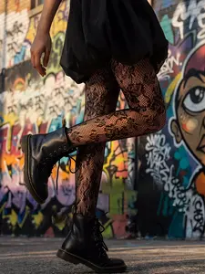 Vintage Sweet Rose Pattern Tight Fitted Fishnet Socks, 1 Pair, Retro Style, Comfortable and Stylish, Perfect for Daily Wear