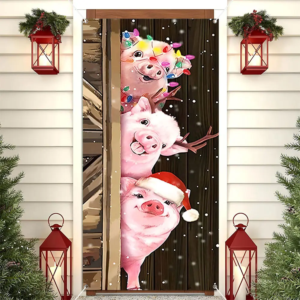 36x72in Weatherproof Rectangle Christmas Pig Polyester Door Cover Banner, Farmhouse Holiday Front Door Decor, Indoor-Outdoor Party Porch Gift Decorations