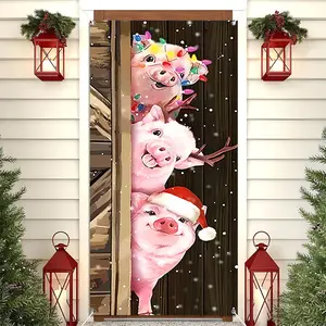 Christmas Pig 36x72in Holiday Door Cover Banner for Front Door, Farmhouse Indoor Outdoor Party Home Porch Decorations