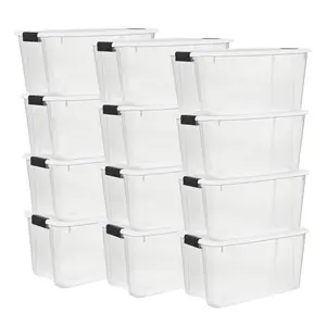 Sterilite 70 Qt Clear Plastic Stackable Storage Bin w/ White Latch Lid, 12 Pack