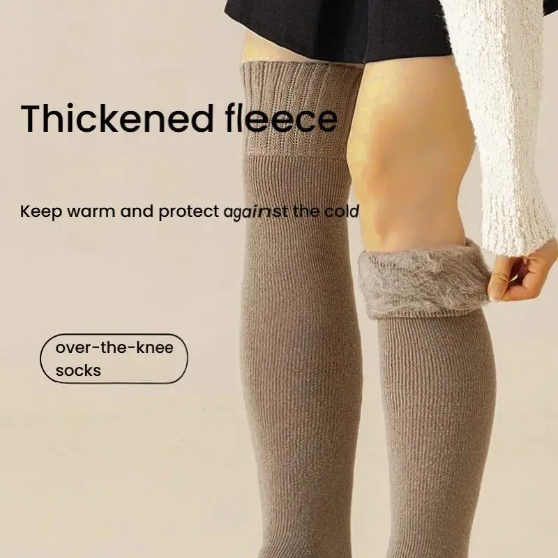 Ladies Basic Solid Thigh High Socks, Plush Thick Terry Lined Fleece Warm Knee High Stockings, Super Warm Autumn Winter Daily Socks, Easy Care Machine Washable Thermal Leg Warmers