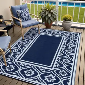5.9x7.9 ft Outdoor Rug, Velvet Chenille Top with Silicone Non-Slip Backing, Navy & White Moroccan Floral Lattice Pattern Waterproof Area Rug for Patio RV Camping Deck Backyard