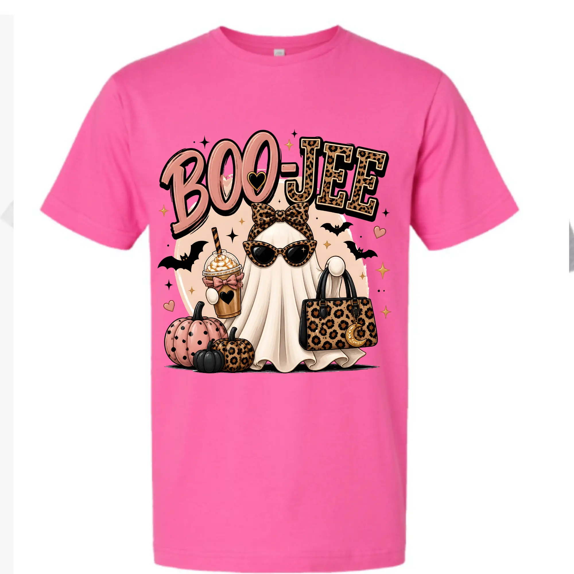 Boo-Jee Leopard Halloween Ghost with Coffee and Purse Direct To Film Print, DTF Print, Ready To Press Print For T-Shirts
