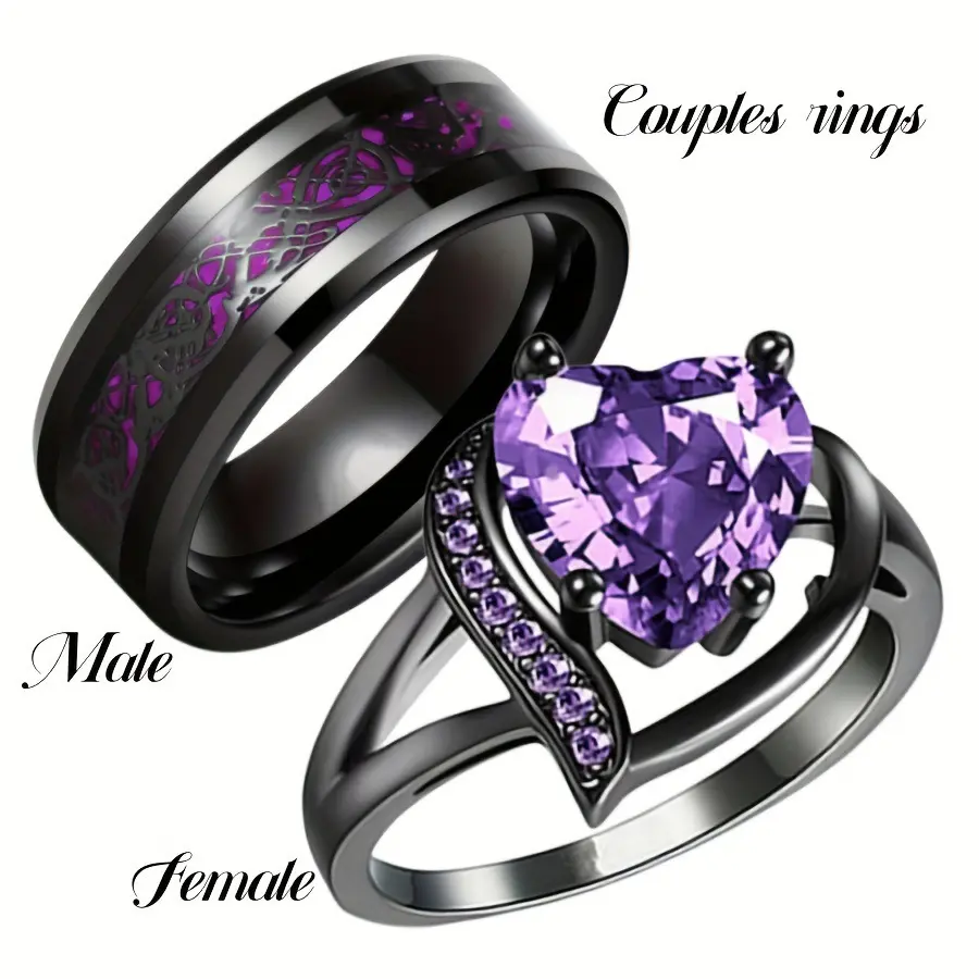 Couples Promise Rings with Heart & Dragon Designs, Purple Red Green Blue Cubic Zirconia, Perfect for Engagement Wedding Gifts, Romantic Theme, Valentine's Day Gift
