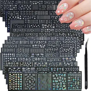 90 Sheets Silver Nail Art Stickers Holographic Laser Silver Nail Decals 3D Self Adhesive Nail Stickers for Nail Art Designs Star Line Flower Nails Supplies for Women Nail Decoration with Nail Tweezer