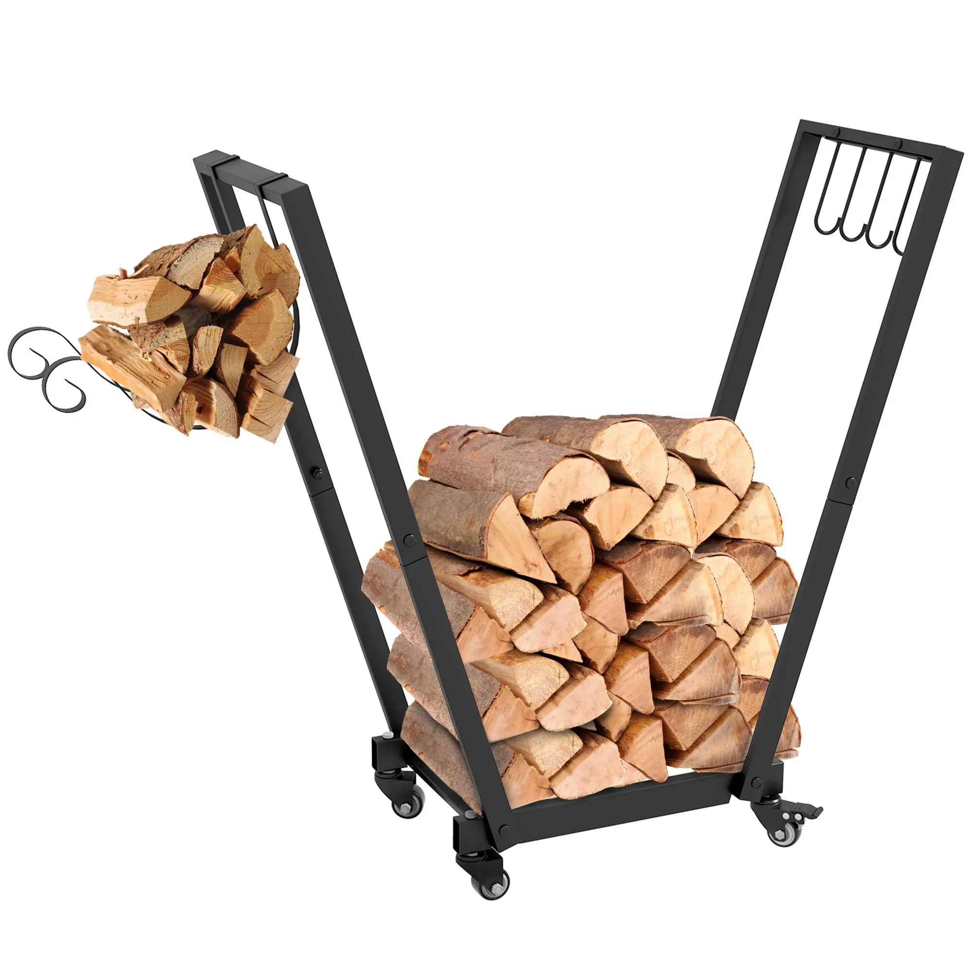 Outsunny Heavy-Duty Powder-Coated Metal Firewood Rack, 31.1" W x 11.8" D x 31.9" H Trapezoidal Steel Frame Wood Log Storage (110 lbs. Capacity) with 4.1" H Swivel Casters, Kindling & Tool Hooks, Indoor-Outdoor Fireplace Organizer, Assembly Required, Equip