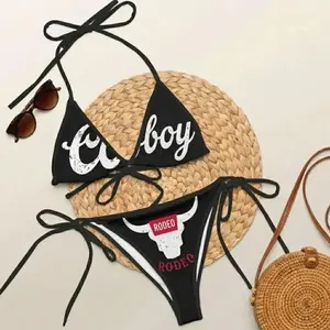 Western Cowboy Rodeo Bikini – Longhorn Graphic Retro String Two-Piece Swimsuit 502