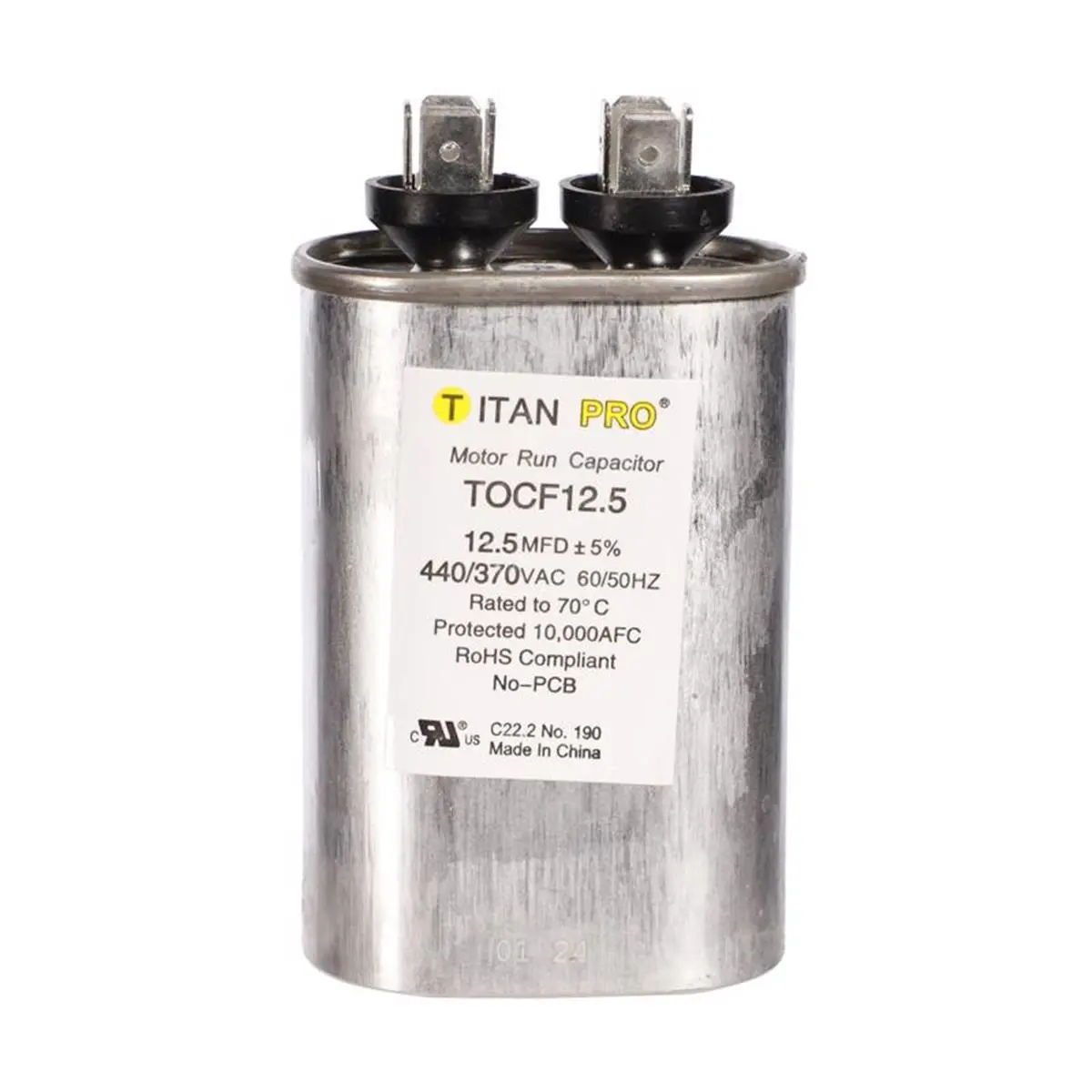 Titan Pro 3019021 Oval Form Aluminum Run Capacitor, 1.24x2.95 in, 12.5 MFD, 440V, 60000 Hours Operational Life, Heavy-Edge Film, Metalized Polypropylene Construction