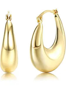 Chunky Hypoallergenic Hoop Earrings for Women - 925 Silver Light Weight Hollow Dangle Drop Half Hoops with 14K Gold Plated Thick - Statement