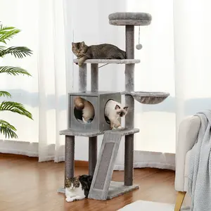 Wooden Cat Tree 4 Levels Platform for Large Cats Featuring with Fully Scratching Posts, Hammock, Padded Perch and Dangling Ball