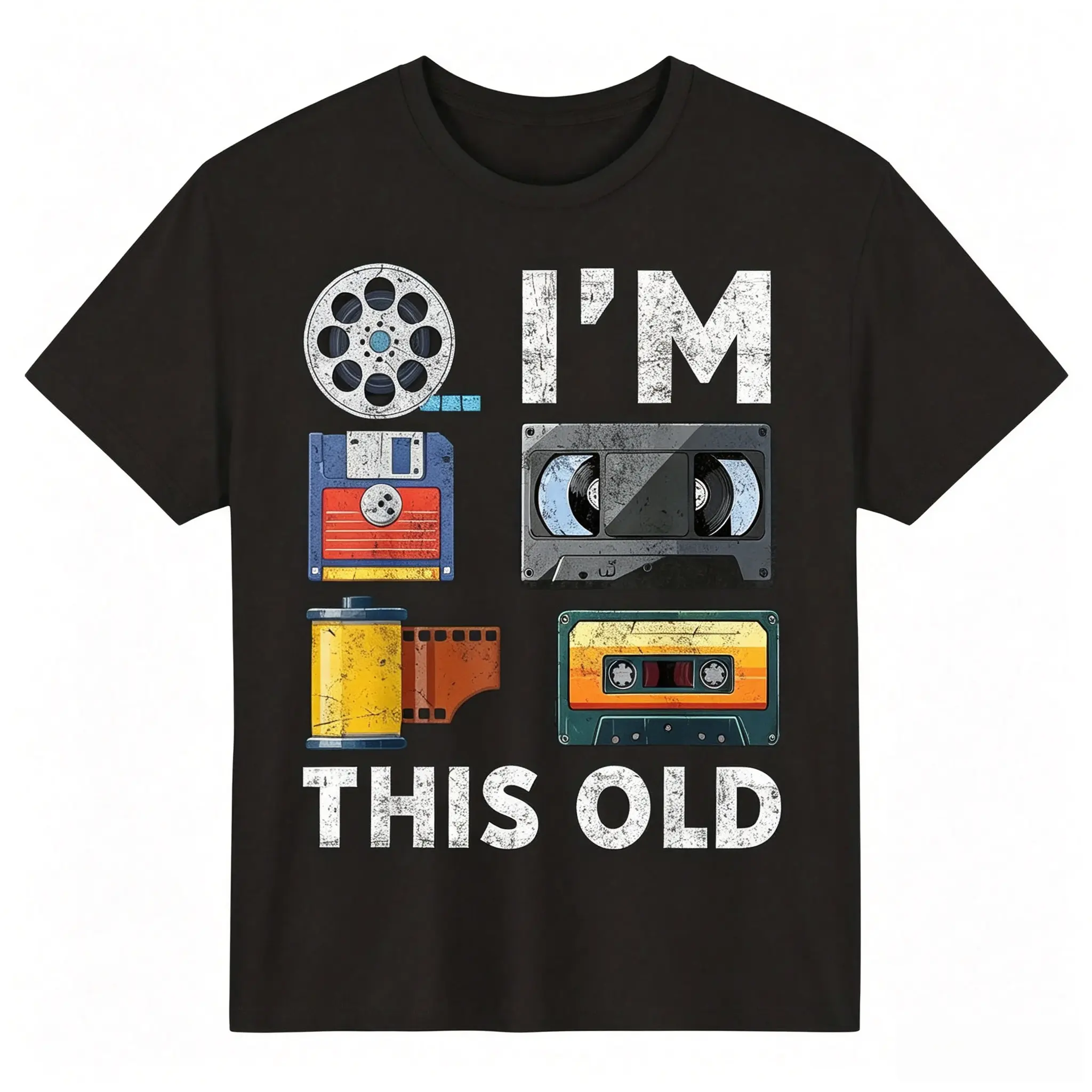 Retro Vintage Media Technology T-Shirt - Nostalgic Cassette VHS Floppy Disk Print Short Sleeve Round Neck Tee - Digital Heat Transfer Casual Shirt for Tech Conventions & Casual Attire