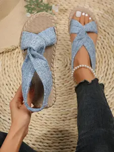 Women's Linen Cross Strap Straw Flat Sandals, Casual Elastic Anklet Open Toe Summer Shoes, Textile Upper Rubber Sole, Fashionable Sandals