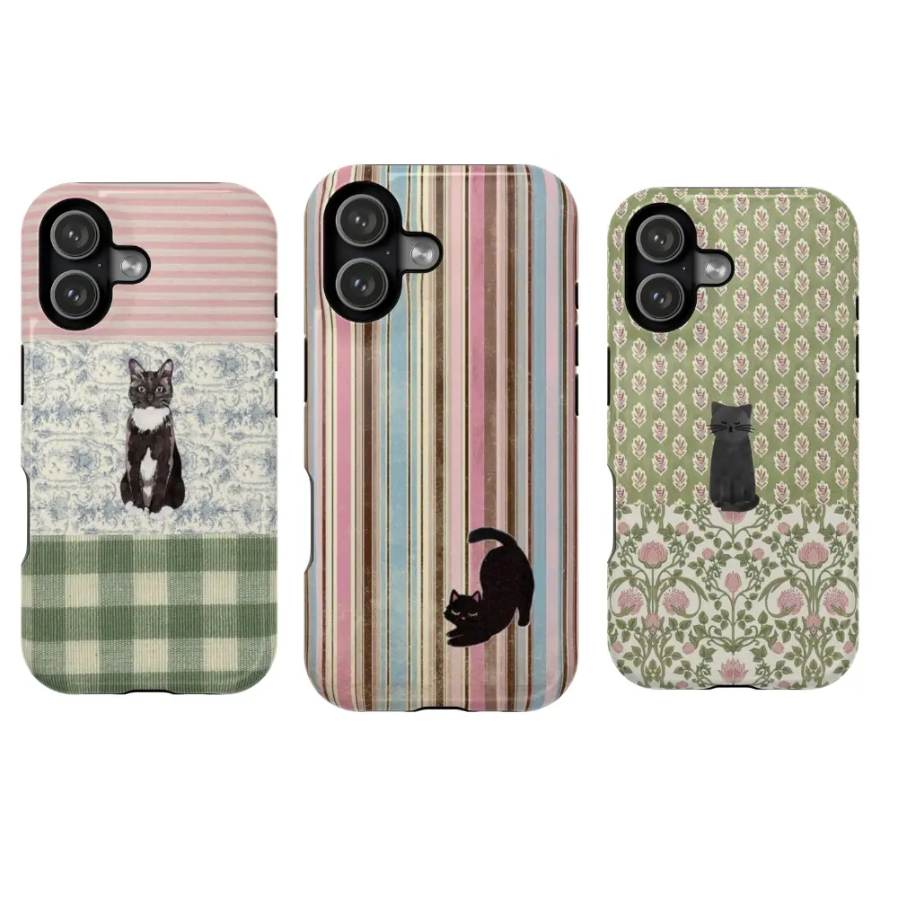 Aesthetic Tuxedo Cat Patchwork Phone Case |     Vintage Floral & Gingham Design |     Pink Striped Coquette Accessory |     Cover for IPhone 17 16 15 14 13 12 SE Max Pro Samsung galaxy Ultra 21 22 23 24 25 Durable Cellphone
