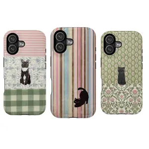 Aesthetic Tuxedo Cat Patchwork Phone Case |   Vintage Floral & Gingham Design |   Pink Striped Coquette Accessory |   Cover for IPhone 17 16 15 14 13 12 SE Max Pro Samsung galaxy Ultra 21 22 23 24 25