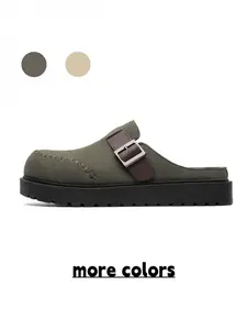 Men's Sand Suede-Look Toe-Covered Slippers, Buckle Chunky Slip-On Shoes for Retro Style & Daily Commute