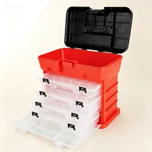 Multi-Compartment Organizer Box with 4 Removable Trays for Small Parts Storage, Portable Tool Case for Fishing Tackle, Hand Tools, Craft Supplies, Durable Plastic Case with Handle for Easy Transport