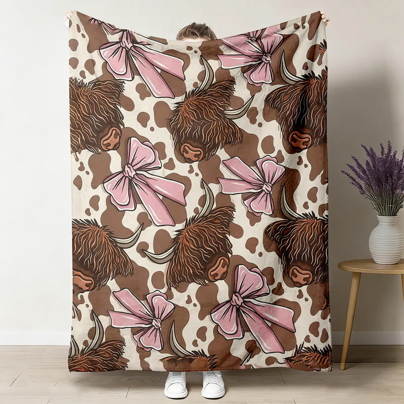 Highland Cow Animal Themed Classic Flannel Throw Blanket - Wrinkle Resistant, Durable, Breathable Soft All-Season, Cartoon Print with Pink Bow, Multi-Size (30x40in Babysize to 60x80in), Home Use, Gifting Friendly