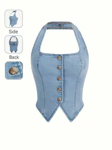 Women's Elegant Denim Halter Top, Front Button Waist Cinch Ruched Back Tank, Light Blue Short Sleeveless Casual