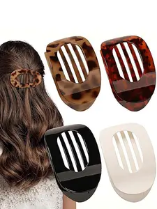 4 pcs Large Leopard Print Flat Round Hair Clips, Comfortable Curved Design, Casual All Seasons Hair Accessories, Elegant Shark Clip Headwear