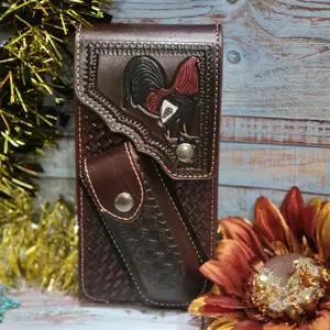 Rooster Western Phone Holster Genuine Leather Phone Belt Holster and Knife Holder Hand Tooled magnetic closure 7x3.75 inches brown
