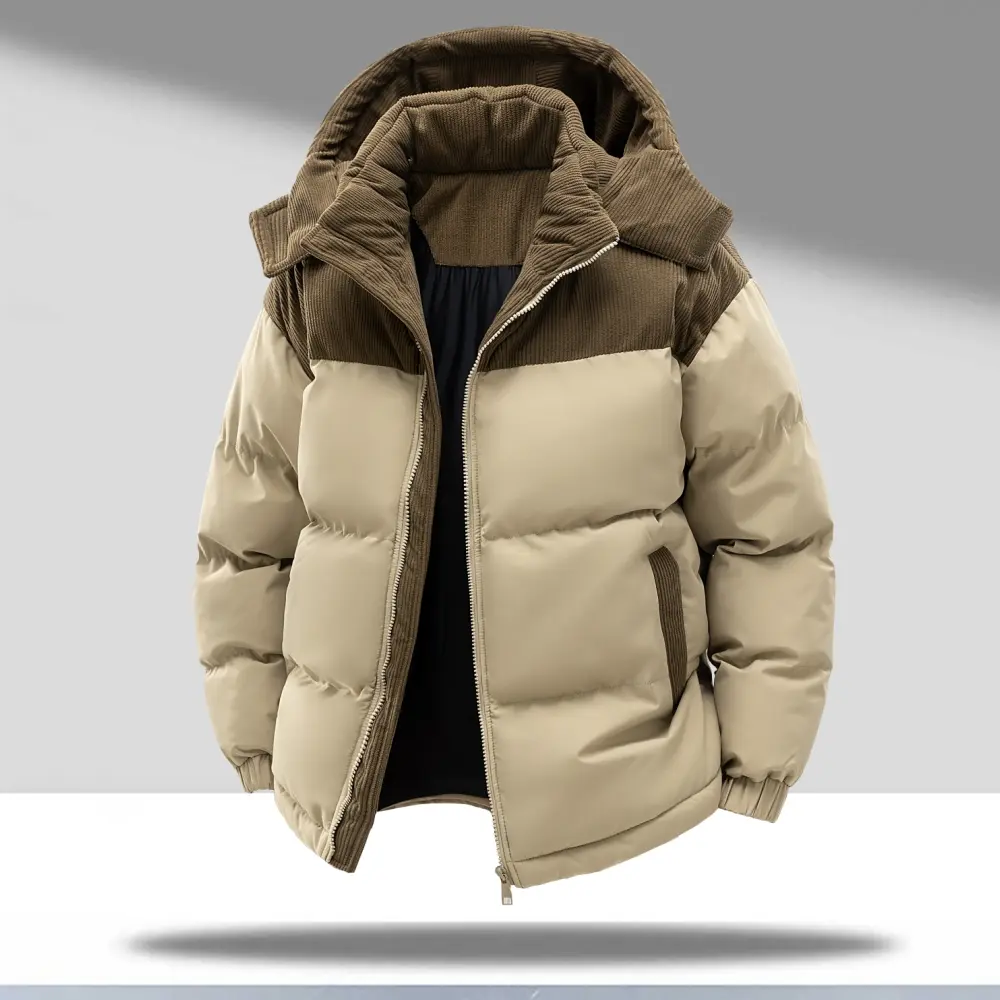 Detachable hood, fleece-paneled cotton jacket in a Japanese retro street style; segmented quilting with flocked finish, ribbed cuffs, men’s relaxed loose fit for everyday wear, commuting, and outings.