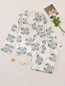 Comfortable Printed Sleepwear Set, 2-Piece Satin Home Clothing, Fall & Winter Long Sleeve Cardigan & Elastic Pants