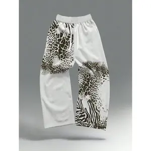 Men's Leopard Zebra Patchwork Sweatpants, Loose Wide Leg Pants, Casual Streetwear Trousers, Casual Fitted Drawstring Waist, Fall & Winter Fashion