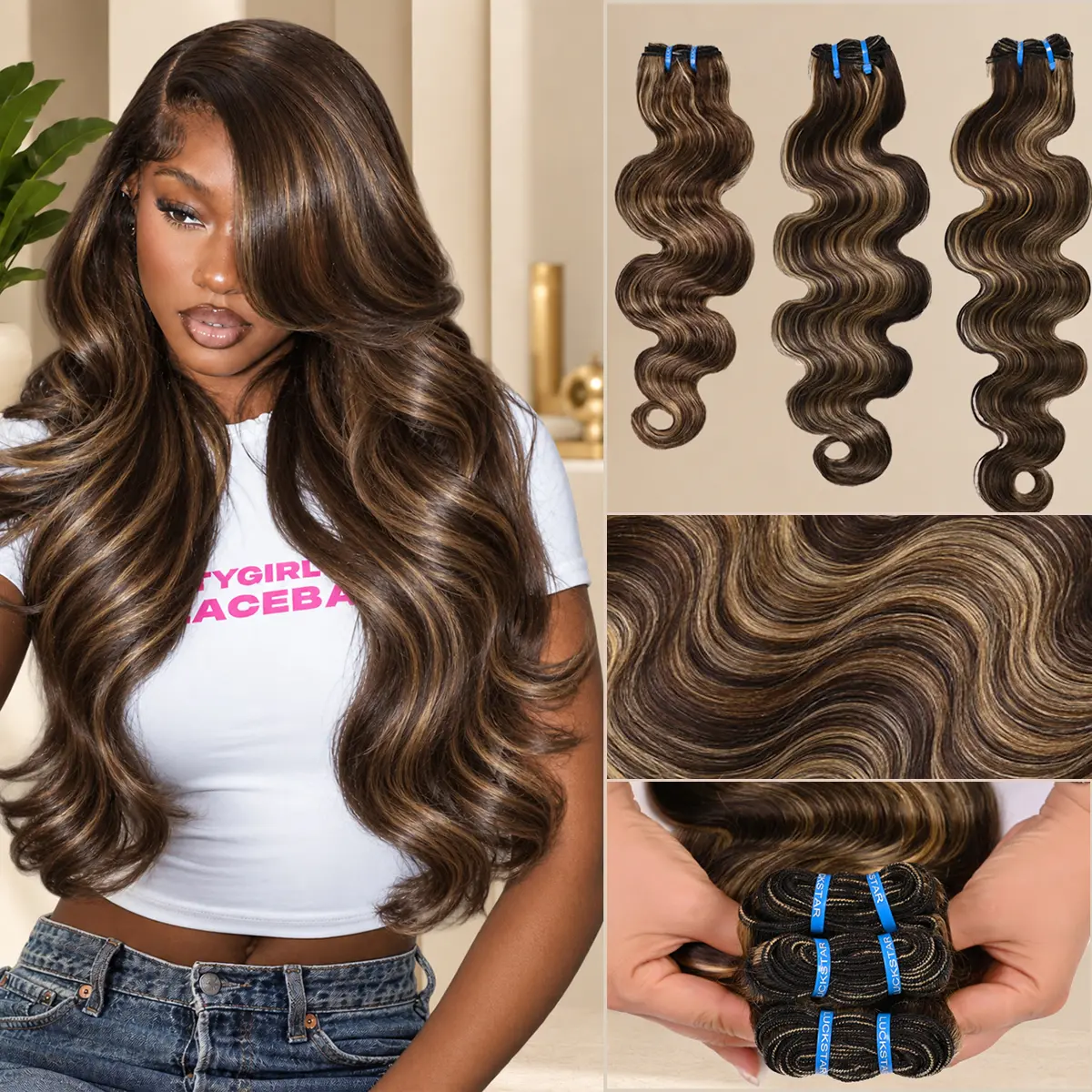 LUCKSTAR P4/27 Highlight Body Wave Human Hair Bundles Ombre Brown & Honey Blonde Colored Weave Extensions for Sew In Quick Weave Full Thick Bundles Double Drawn Ultra Thin Wefts