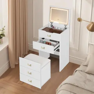 3 in 1 Vanity Desk with Flip Top Mirror, Small Make Up Vanity Set with Visible Glass Desktop, Compact Makeup Vanity with 3 Drawers, Cushioned Tool, Dressing Table for Bedroom