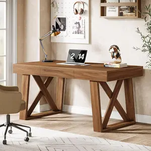 LITTLE TREE 55" Wide Desktop Executive Desk with Drawer, Retro Brown Computer Office Desk, Modern Wood Business Workstation Table for Home Office