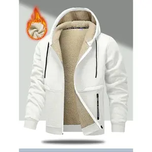 Men's Winter Fleece Hooded Jacket, Printed Zipper Pocket Design, Warm Thicken Lamb Fur Hoodie, Loose Fit Large Size, Casual Style
