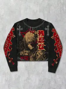 Men's Streetwear Long Sleeve Fitted Sweatshirt with Anime Girl Print Pattern, Casual Fashion Pullover for Daily Wear, Comfortable and Stylish